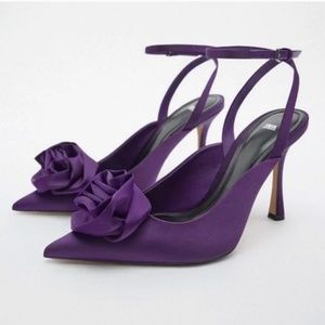 NIB Zara Flower Heeled Shoes Purple Satin with Ankle Strap Pointed Toe Size 37